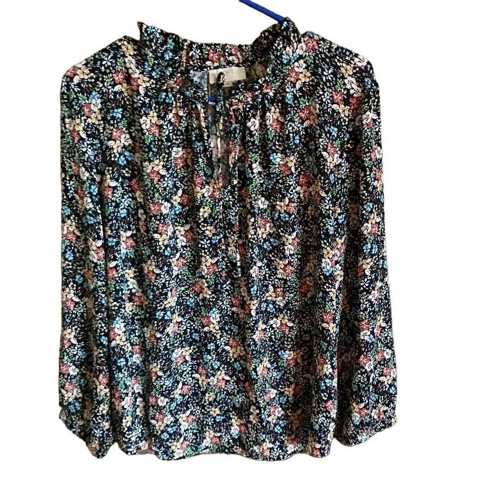 Loft size Large Petite blue floral long sleeve dressy career ties ruffle collar